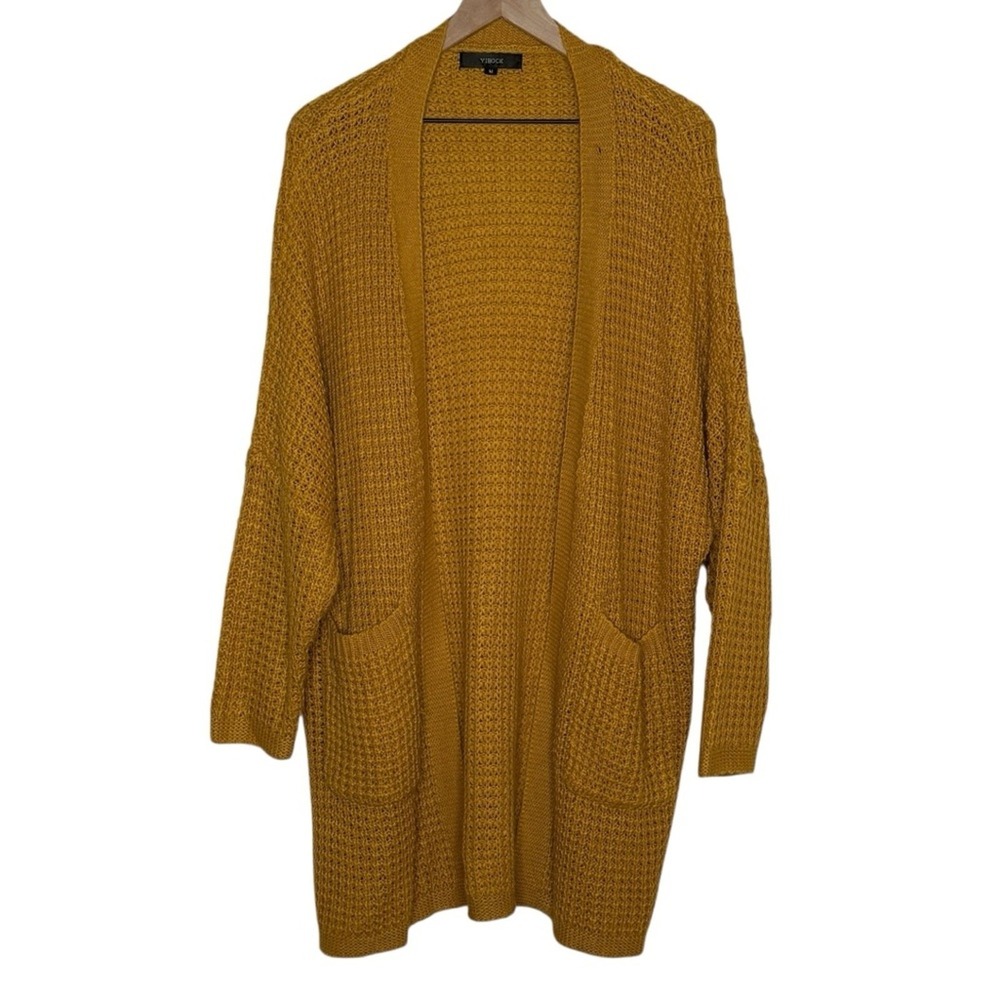 Mustard Yellow Open Cardigan Knit Sweater Pockets Cozy Fall Womens M